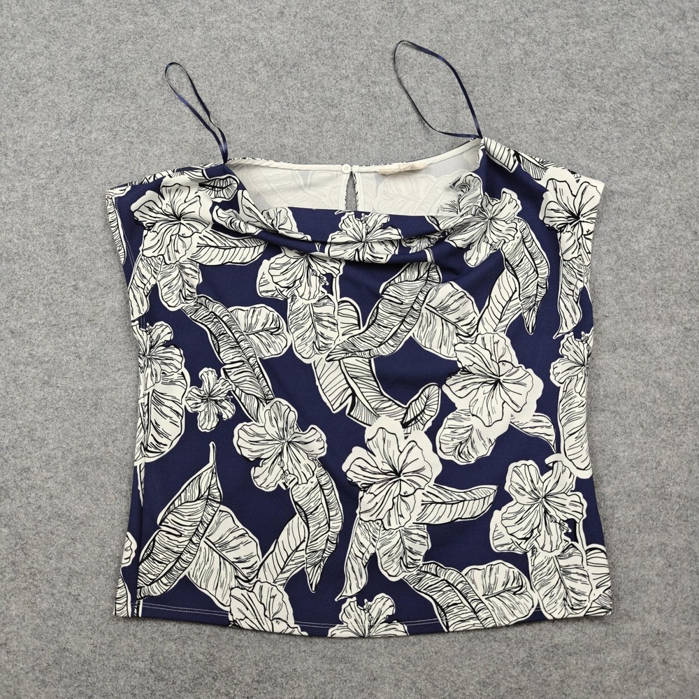 Melloday Tank Top Womens Small Blue Floral Cowl Neck Strappy Cami Tropical Print